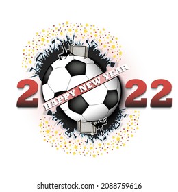 Happy new year. 2022 with soccer ball, football player and fans. Original template design for greeting card, banner, poster. Vector illustration on isolated background
