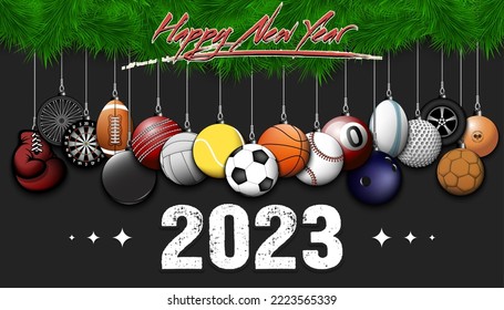Happy New Year 2022. Soccer, football, basketball, tennis, baseball, volleyball, golf, bowling, billiard, cricket, rugby balls hanging on a Christmas tree branch. Vector illustration