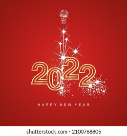 Happy New Year 2022 sparkle firework white triple line design numbers golden red color background greeting card