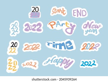 Happy new year 2022 sticker vector flat illustration collection, Funny decor with trendy lettering and design elements