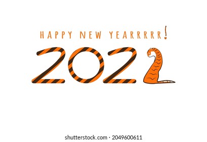 Happy new year 2022. striped numbers and tiger sitting back view. 