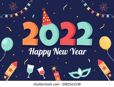 Happy New Year 2022 Template Flat Design Illustration with Ribbons and Confetti on a Colorful Background for Poster, Brochure or Banner 