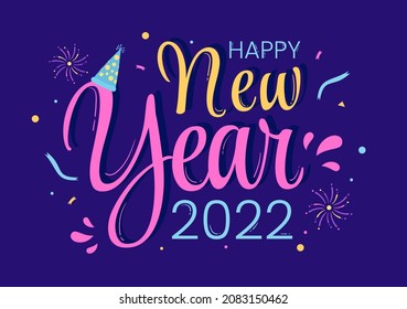 Happy New Year 2022 Template Flat Design Illustration with Ribbons and Confetti on a Colorful Background for Poster, Brochure or Banner