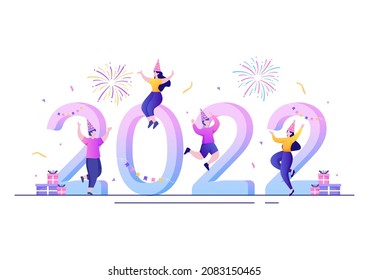 Happy New Year 2022 Template Flat Design Illustration with Ribbons and Confetti on a Colorful Background for Poster, Brochure or Banner