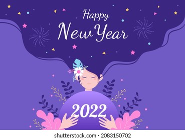 Happy New Year 2022 Template Flat Design Illustration with Ribbons and Confetti on a Colorful Background for Poster, Brochure or Banner