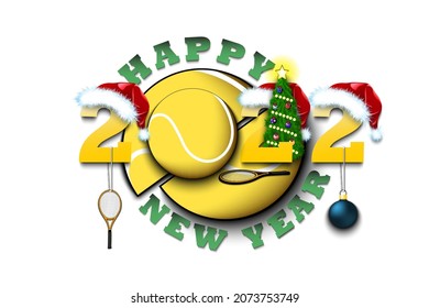 Happy new year. 2022 with tennis ball. Numbers in Christmas hats with racket and Christmas tree ball. Original template design for greeting card. Vector illustration on isolated background