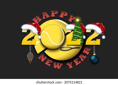 Happy new year. 2022 with tennis ball. Numbers in Christmas hats with racket and Christmas tree ball. Original template design for greeting card. Vector illustration on isolated background
