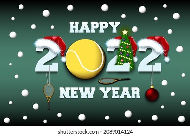 Happy new year. 2022 with tennis ball. Numbers in Christmas hats with racket and Christmas tree ball. Original template design for greeting card. Vector illustration on isolated background