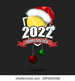 Happy new year 2022. Tennis logo template design. Tennis ball in santa hat. Design pattern for greeting card, banner, poster. Vector illustration on isolated background