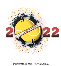 Happy new year. 2022 with tennis ball, player and fans. Original template design for greeting card, banner, poster. Vector illustration on isolated background