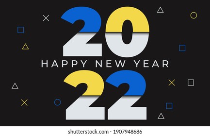 Happy New Year 2022 text design. Brochure design, invitation, template, calendar, card, banner. Memphis geometric shapes abstract style.Vector illustration. EPS 10.