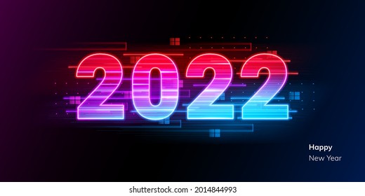Happy new year 2022 text neon metal effect 3D numbers isolated on digital black. Vector greeting card, banner, poster 3d illustration. Modern trendy electronic technology light, future cyber data