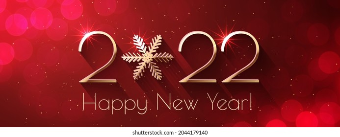 Happy New Year 2022 text design. Red vector greeting illustration with golden numbers and snowflake