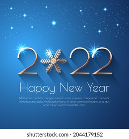 Happy New Year 2022 text design. Vector greeting illustration with golden numbers and snowflake