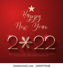 Happy New Year 2022 text design. Red vector greeting illustration with golden numbers and snowflake