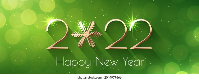 Happy New Year 2022 text design. Vector greeting illustration with golden numbers and snowflake