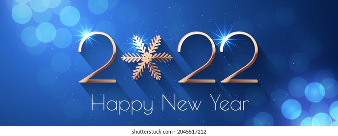 Happy New Year 2022 text design. Vector greeting illustration with golden numbers and snowflake