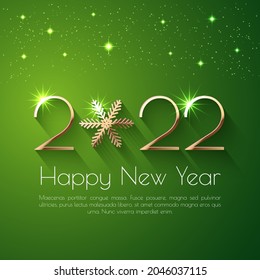 Happy New Year 2022 text design. Vector greeting illustration with golden numbers and snowflake