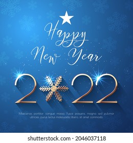 Happy New Year 2022 text design. Vector greeting illustration with golden numbers and snowflake