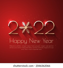 Happy New Year 2022 text design. Red vector greeting illustration with golden numbers and snowflake