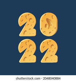 Happy New Year 2022 text design. Cheese texture 2022 text design for pizzeria holiday menu.