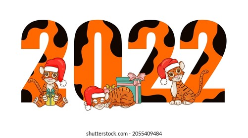Feliz Año Nuevo 2022 diseño de texto con estilo de dibujos animados con tigres. El símbolo del año según el calendario chino. Folleto de diseño, plantilla, postal, banner. Ilustración vectorial.