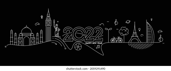 Happy New Year 2022 Text with travel world Design Patter, Vector illustration.