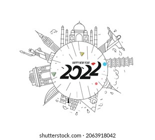 Happy New Year 2022 Text with travel world Design Patter, Vector illustration.