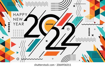 happy new year 2022 text design with modern geometric abstract background in retro style. Greeting card banner for 2022 calligraphy includes colorful shapes. Vector illustration