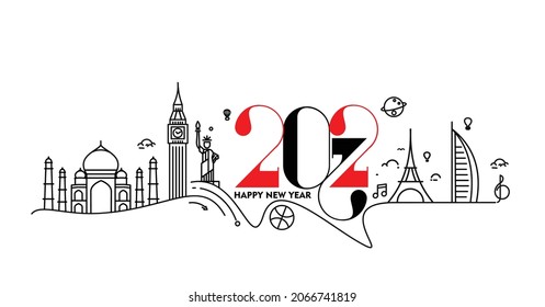 Happy New Year 2022 Text With Travel World Design Patter, Vector Illustration.