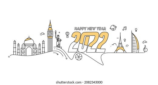 Happy New Year 2022 Text with travel world Design Patter, Vector illustration.