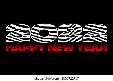 Happy New Year 2022 text design in a zebra texture and shade red. Vector illustration. Isolated on a black background.