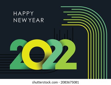 happy new year 2022 text design with modern calligraphy and dark background style. Creative Greeting card banner for 2022 includes colorful green yellow lines. Latest Vector illustration