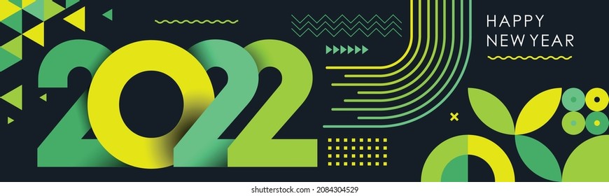 happy new year 2022 text design with modern calligraphy and dark background style. Creative Greeting card banner for 2022 clean energy colorful vegan green yellow lines. Latest Vector illustration