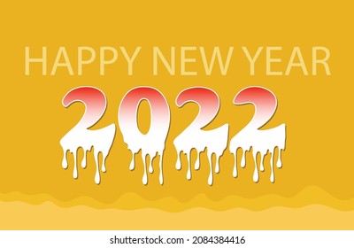 Happy new year 2022 text in liquids style vintage yellow background