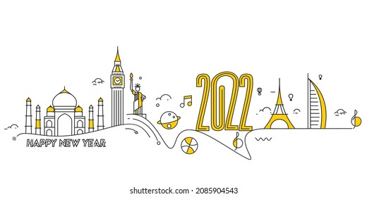 Happy New Year 2022 Text with travel world Design Patter, Vector illustration.