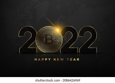 Happy New Year 2022 text typography design with golden bitcoin (BTC) on creative background, vector illustration