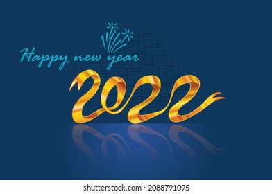 Happy New Year 2022 Text with one single golden ribbon vector on blue Background.