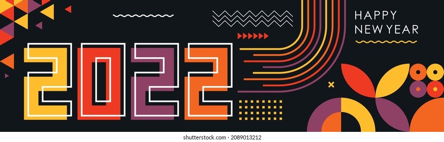 happy new year 2022 text design with modern geometric abstract dark background in retro style. Greeting card banner for 2022 calligraphy includes colorful yellow orange red shapes. Vector illustration