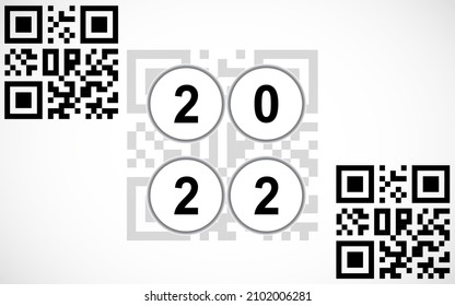 Feliz Año Nuevo 2022 diseño de texto con código QR. Vacunación de Covid a nivel mundial. Plantilla de diseño de número de vector. Aislado sobre fondo blanco