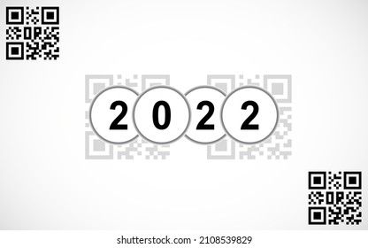 Happy New Year 2022 text design with QR code. Worldwide Covid vaccination. Vector number design template. Isolated on white background