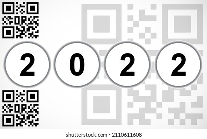 Happy New Year 2022 text design with QR code. Worldwide Covid vaccination. Vector number design template. Isolated on white background