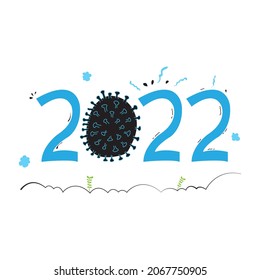 Happy new year 2022 with the theme of the corona pandemic. Handwritten numbers and letters are isolated on a white 