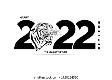 Happy new year 2022 year tiger black and white line drawing is in numbers 2022 for poster, brochure, banner, invitation card vector illustration isolated on white background.