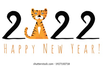 Happy New Year 2022, Year of the Tiger. Happy new year with cute tiger head. Vector image on a white background with the symbol of the Chinese new year.