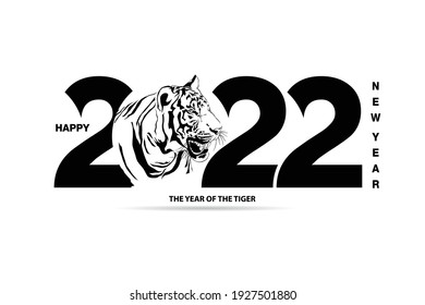 Happy new year 2022 year tiger black and white line drawing is in numbers 2022 for poster, brochure, banner, invitation card vector illustration isolated on white background.