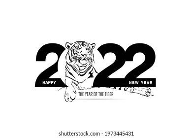 Happy new year 2022 year of tiger drawing tiger black and white lines lying on numbers 2022 for poster, brochure, banner, invitation card, vector illustration Isolated on white background.