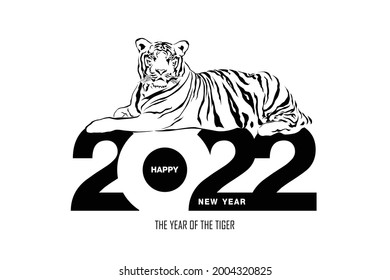 Happy new year 2022 year of tiger drawing tiger black and white lines lying on numbers 2022 for poster, brochure, banner, invitation card, vector illustration Isolated on white background.