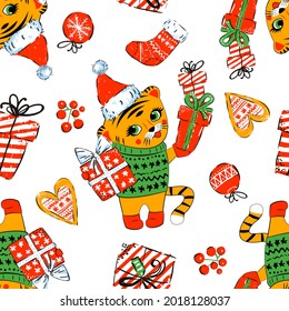 Happy new year 2022 year of tiger. Merry Christmas pattern. Design, wallpaper, textiles, packaging, seamless print