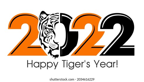 Happy new year 2022. Year of tiger, drawing tiger face black and white lines and numbers 2022 for poster, brochure, banner, invitation card. Vector illustration Isolated on transparent background.